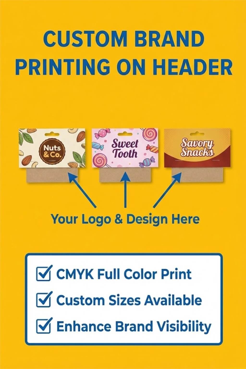 A clear hanging bag with a colorful printed header card filled with chocolate cookies on a retail display rack.