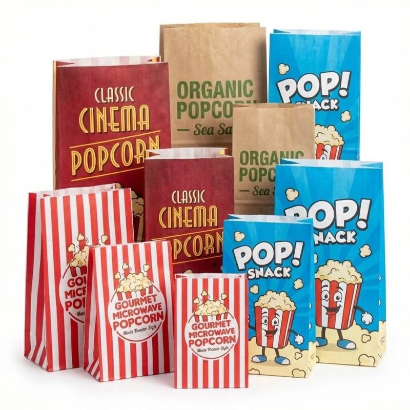 A microwavable popcorn bag showing the internal susceptor patch and freshly popped popcorn coming out.
