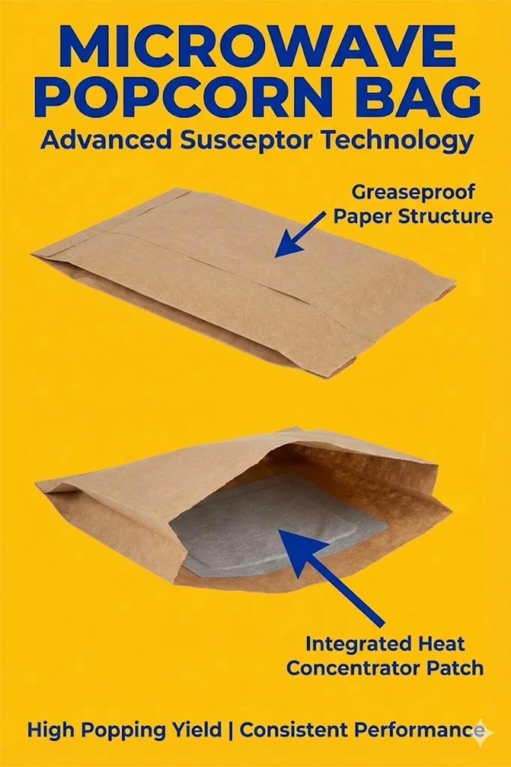 A microwavable popcorn bag showing the internal susceptor patch and freshly popped popcorn coming out.
