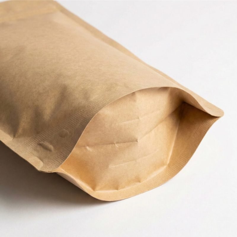 A brown kraft paper stand up pouch with window filled with granola and sealed with a zipper.