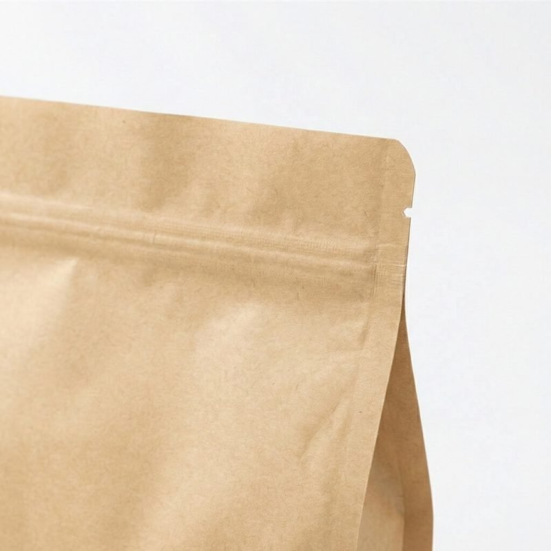 A brown kraft paper stand up pouch with window filled with granola and sealed with a zipper.