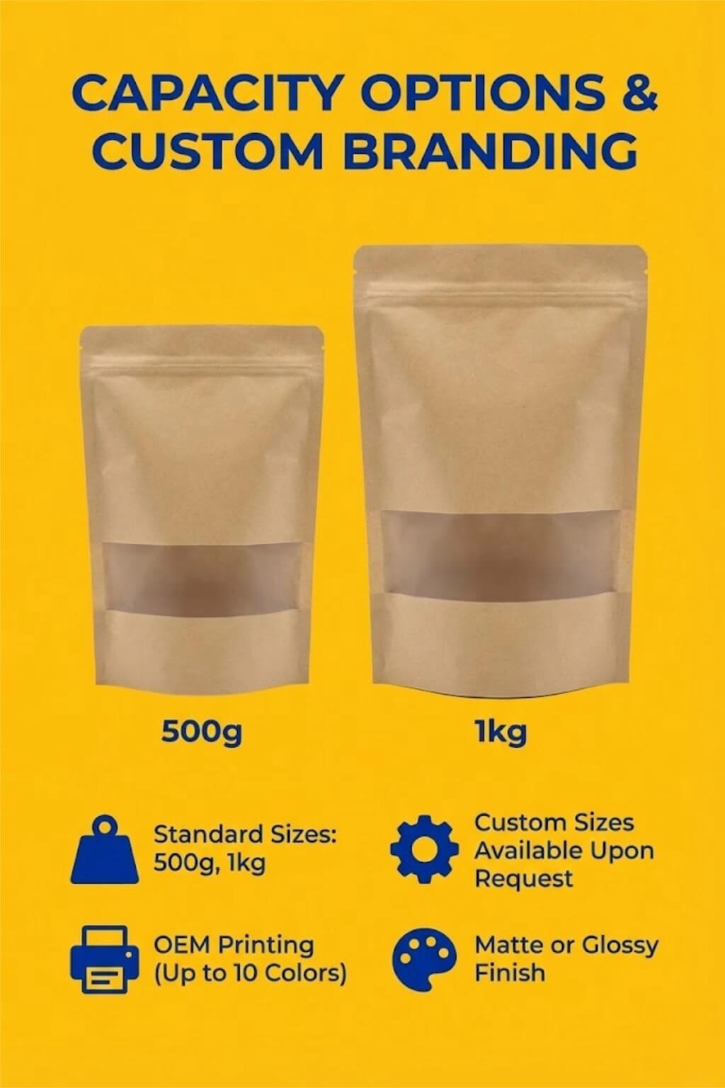 A brown kraft paper stand up pouch with window filled with granola and sealed with a zipper.