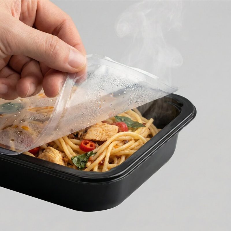 A roll of easy peel lidding film being applied to a plastic food tray containing noodles and meat.