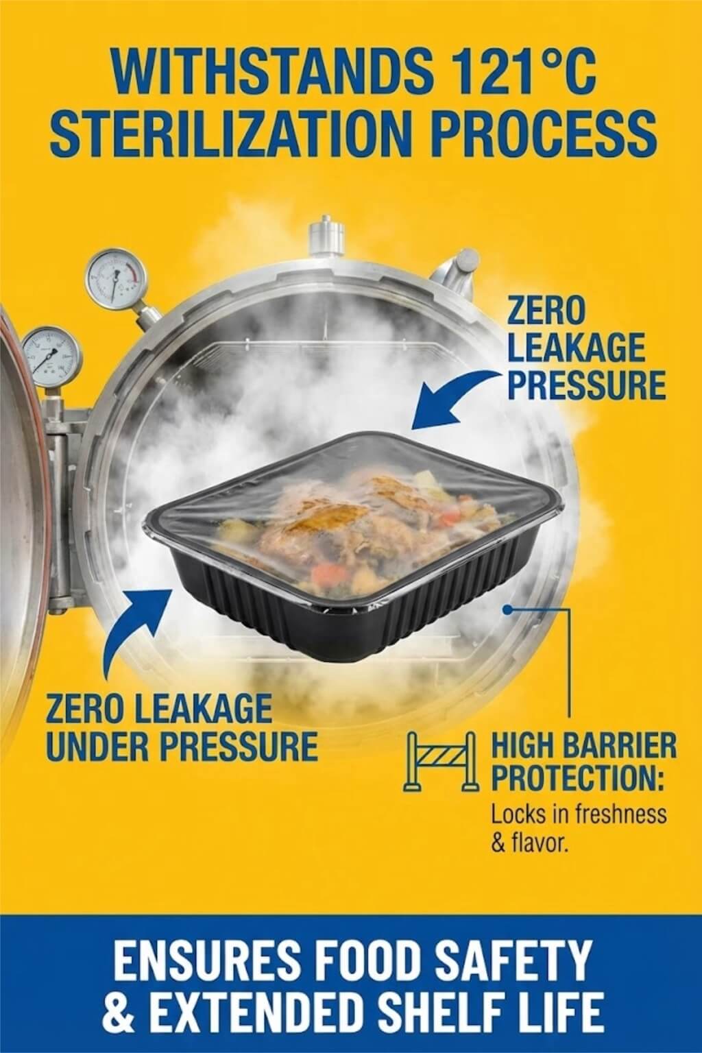 A roll of easy peel lidding film being applied to a plastic food tray containing noodles and meat.