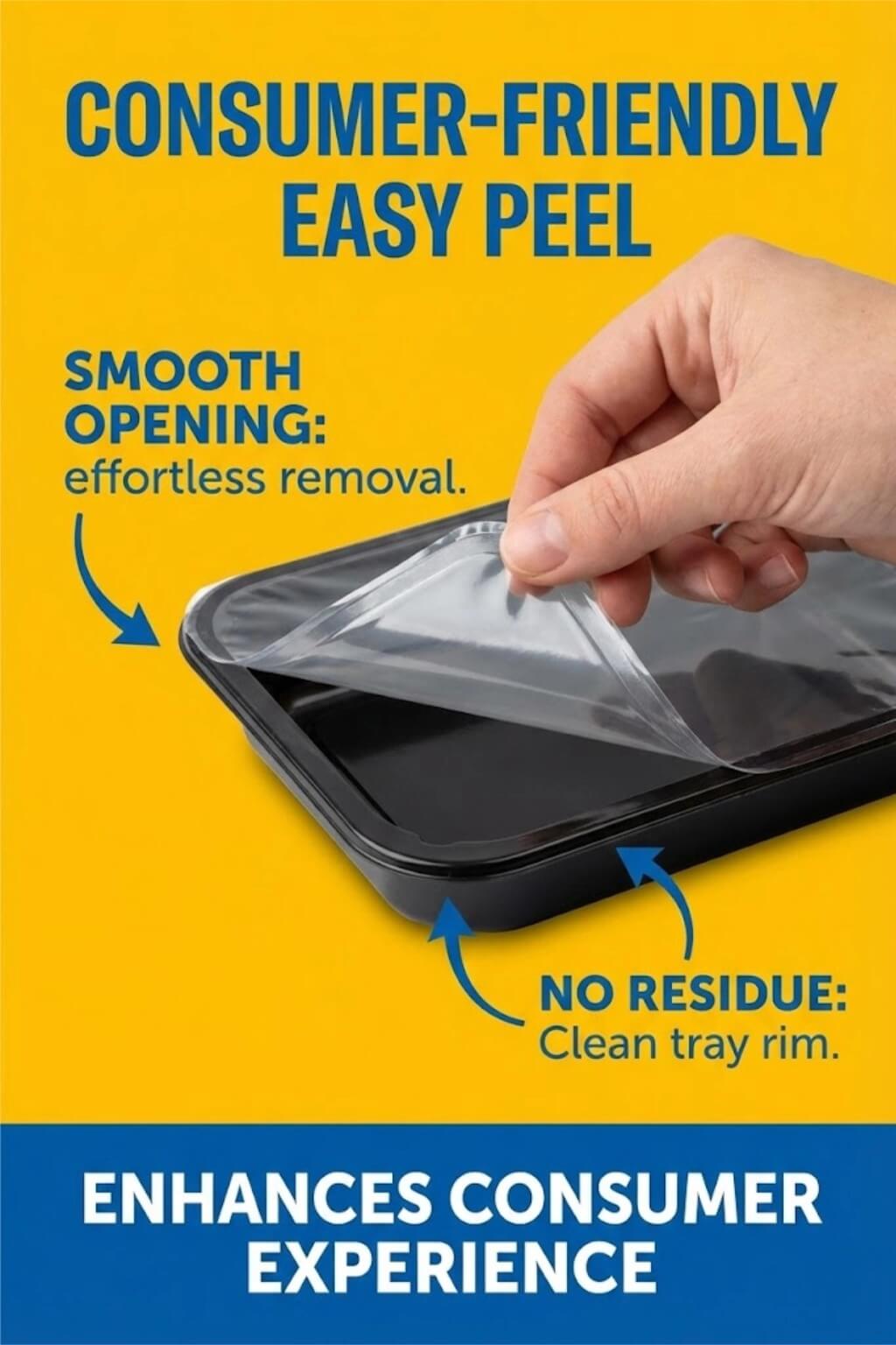 A roll of easy peel lidding film being applied to a plastic food tray containing noodles and meat.