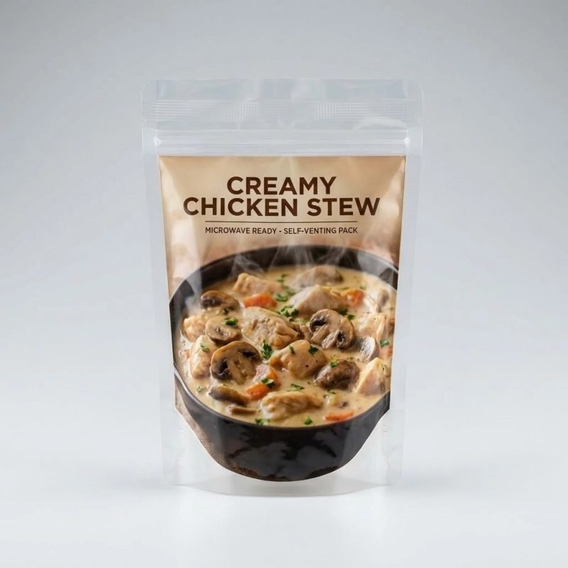 A microwaveable self-vent pouch filled with hearty beef stew, standing upright in a microwave with steam being released safely.