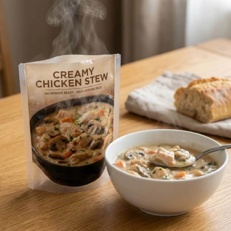 A microwaveable self-vent pouch filled with hearty beef stew, standing upright in a microwave with steam being released safely.