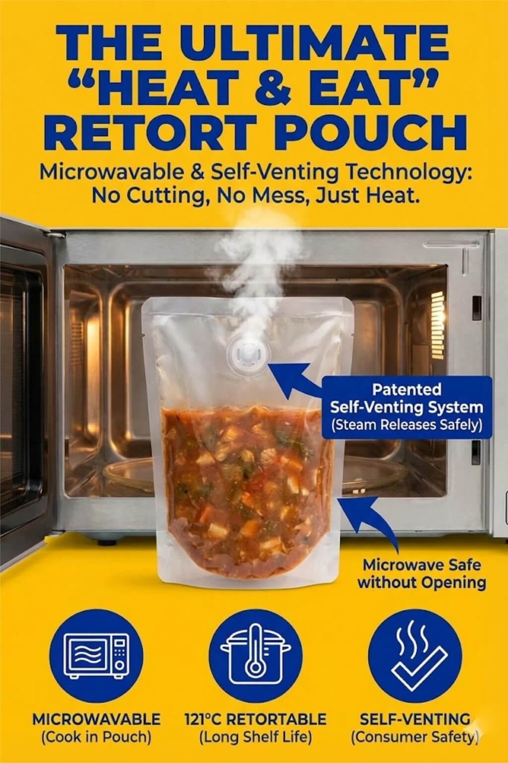 A microwaveable self-vent pouch filled with hearty beef stew, standing upright in a microwave with steam being released safely.