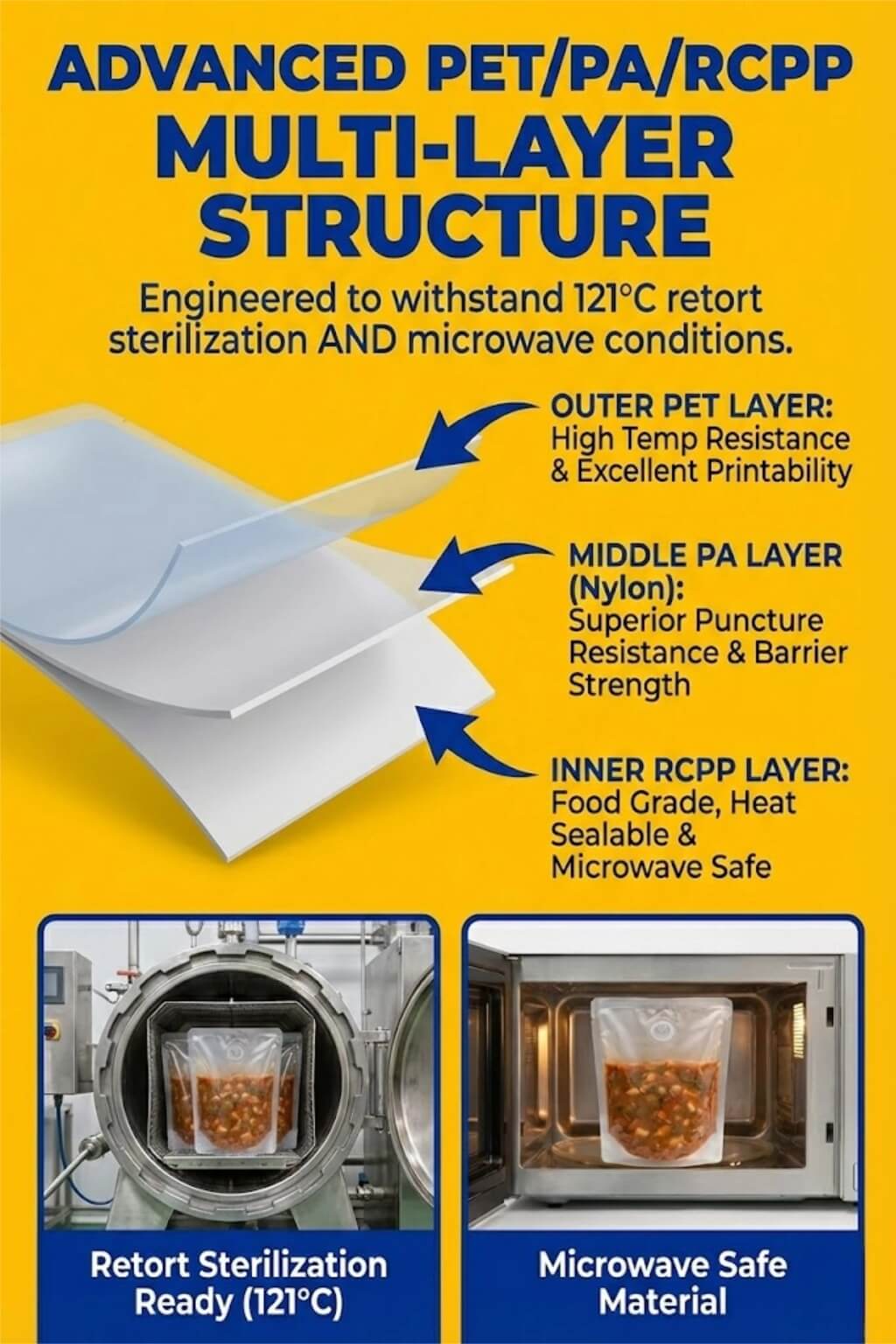 A microwaveable self-vent pouch filled with hearty beef stew, standing upright in a microwave with steam being released safely.