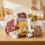 A clear recyclable vacuum sealer bag roll with an embossed texture showing a recyclable PE symbol.