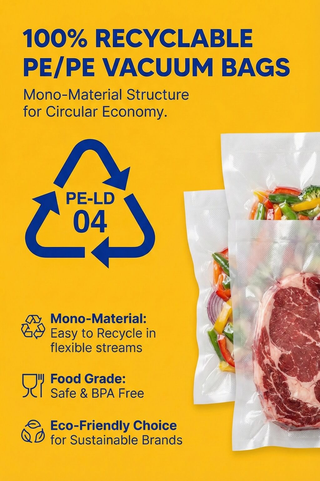A clear recyclable vacuum sealer bag roll with an embossed texture showing a recyclable PE symbol.