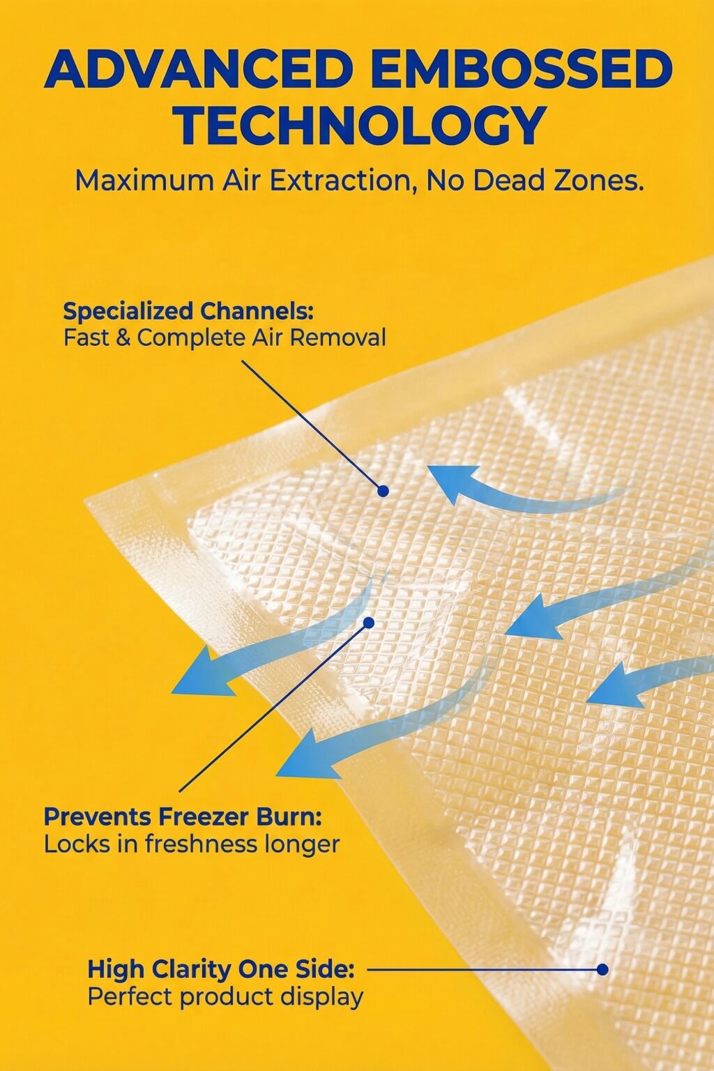 A clear recyclable vacuum sealer bag roll with an embossed texture showing a recyclable PE symbol.