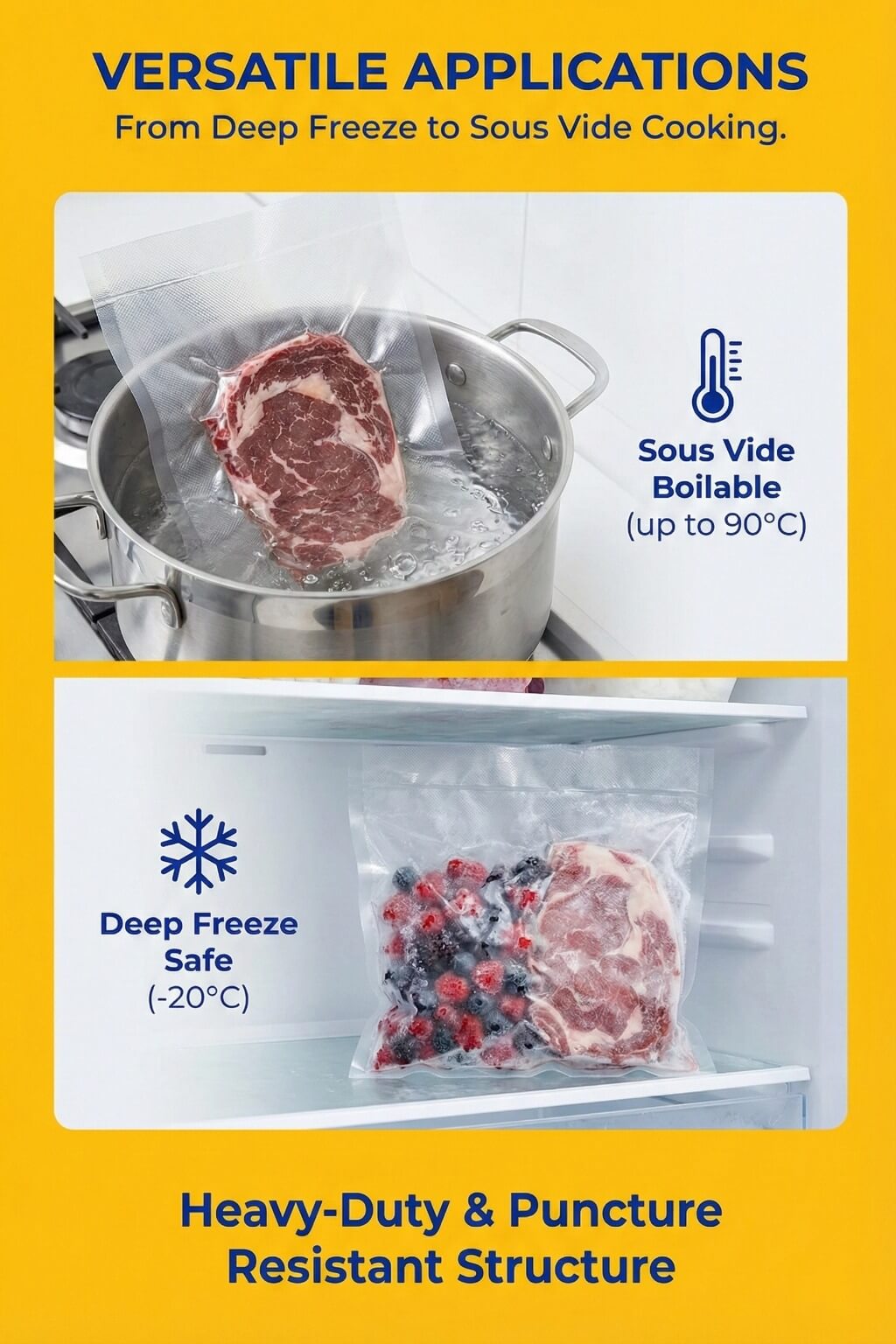 A clear recyclable vacuum sealer bag roll with an embossed texture showing a recyclable PE symbol.