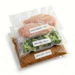 A clear embossed vacuum sealer bag with a writable white strip for labeling contents and dates being sealed.