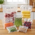 A clear embossed vacuum sealer bag with a writable white strip for labeling contents and dates being sealed.