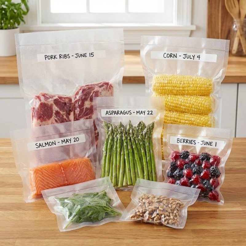 A clear embossed vacuum sealer bag with a writable white strip for labeling contents and dates being sealed.
