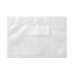 A clear embossed vacuum sealer bag with a writable white strip for labeling contents and dates being sealed.