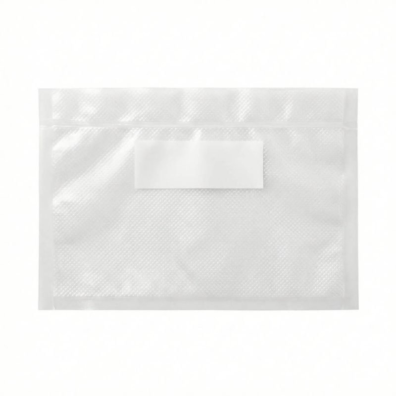 A clear embossed vacuum sealer bag with a writable white strip for labeling contents and dates being sealed.