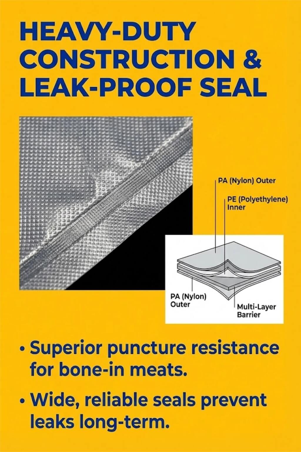 A clear embossed vacuum sealer bag with a writable white strip for labeling contents and dates being sealed.