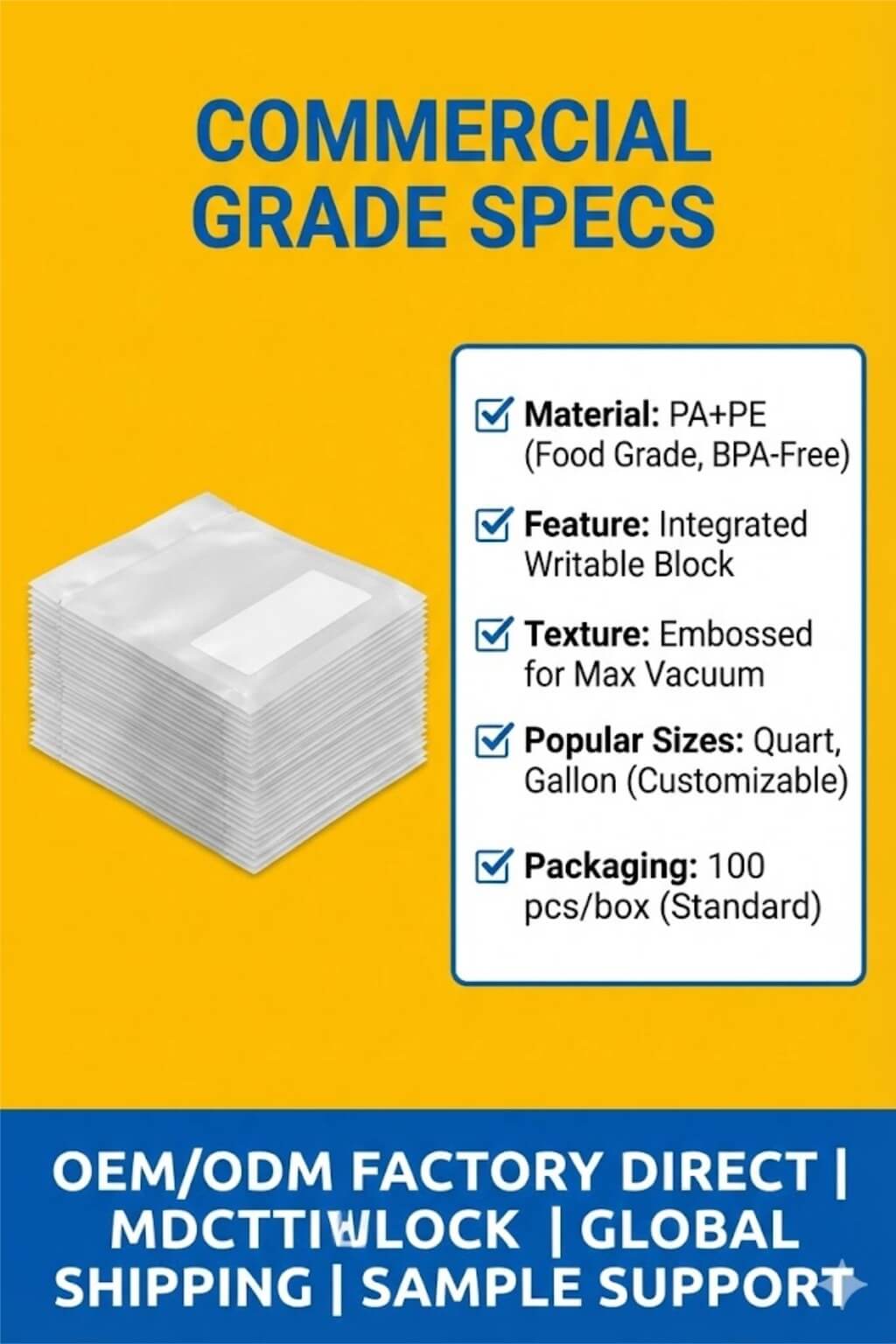 A clear embossed vacuum sealer bag with a writable white strip for labeling contents and dates being sealed.