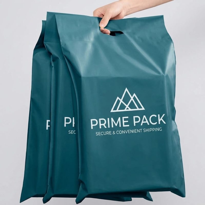A blue poly mailer with handle featuring a custom white logo and being carried by its die-cut handle.