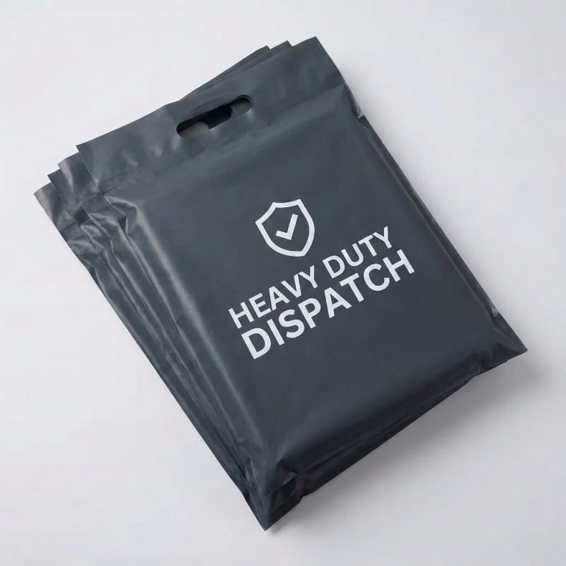 A blue poly mailer with handle featuring a custom white logo and being carried by its die-cut handle.