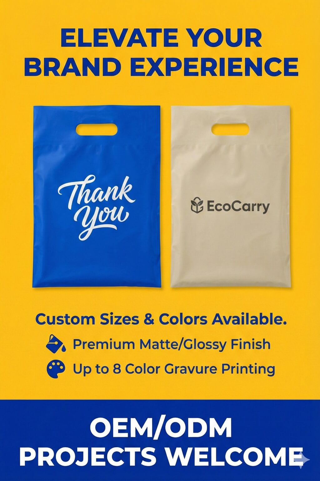 A blue poly mailer with handle featuring a custom white logo and being carried by its die-cut handle.