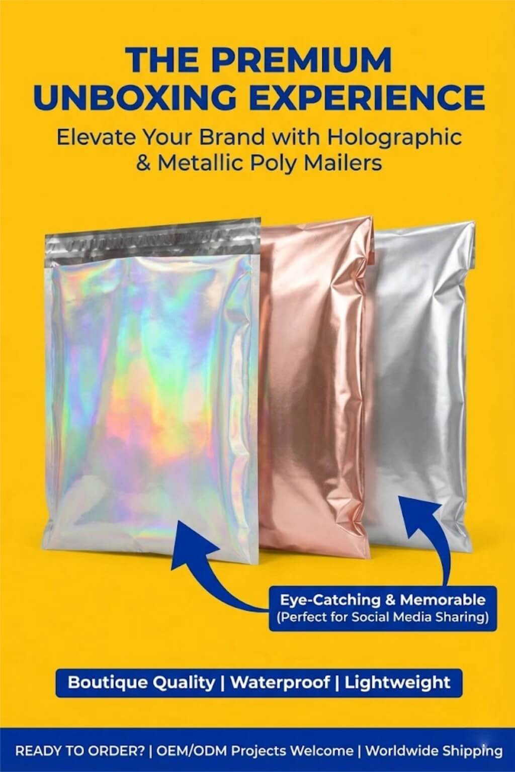 A shimmering holographic poly mailer reflecting a rainbow of colors with a boutique logo printed on it.