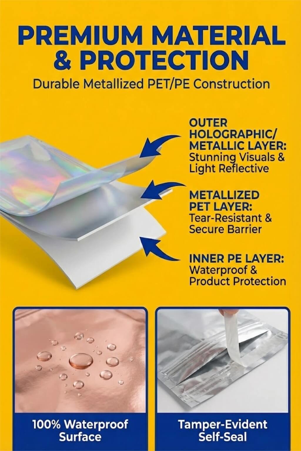 A shimmering holographic poly mailer reflecting a rainbow of colors with a boutique logo printed on it.