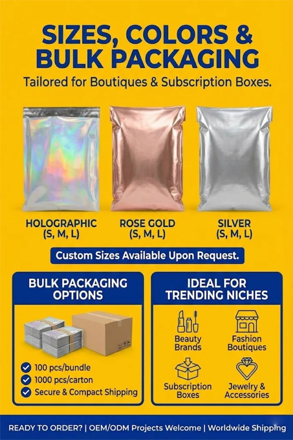 A shimmering holographic poly mailer reflecting a rainbow of colors with a boutique logo printed on it.