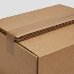 A large full overlap box made of brown corrugated board with a custom logo and double-layered top flaps.