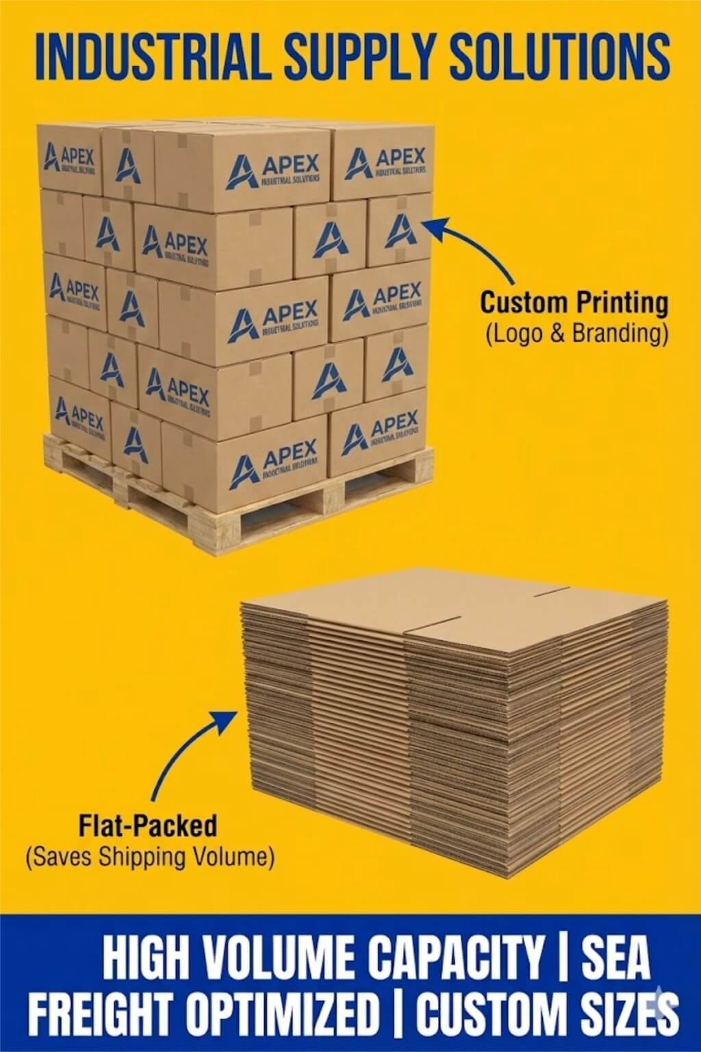 A large full overlap box made of brown corrugated board with a custom logo and double-layered top flaps.