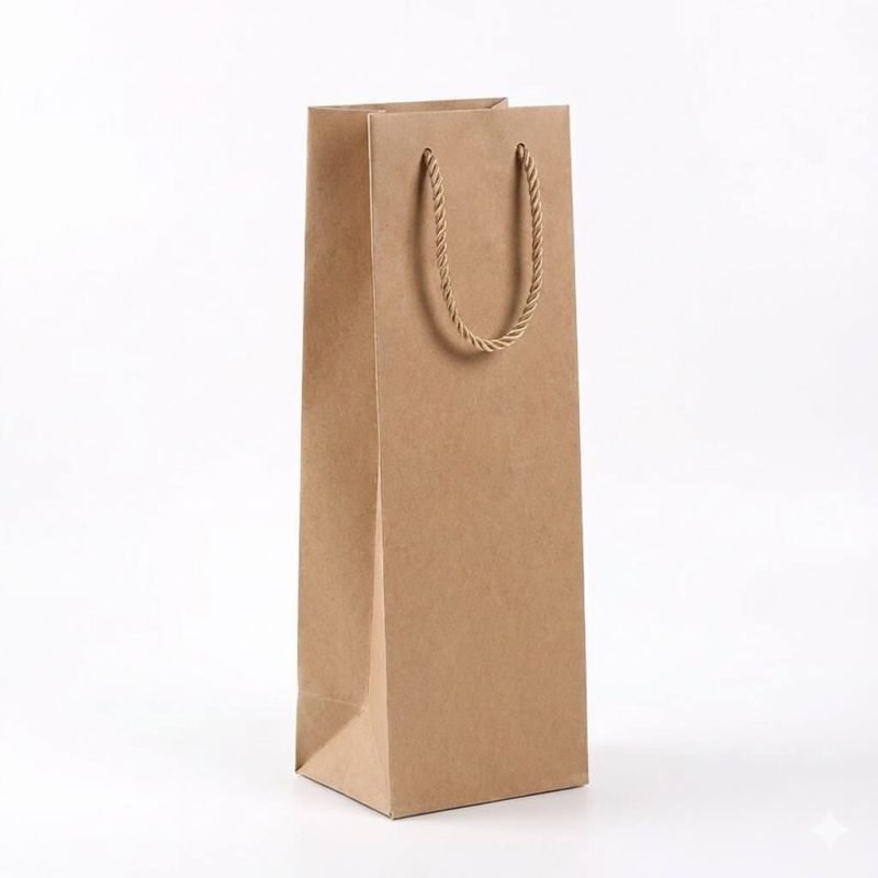 A luxury pink wine gift bag with a custom logo and white rope handles standing next to a wine bottle.