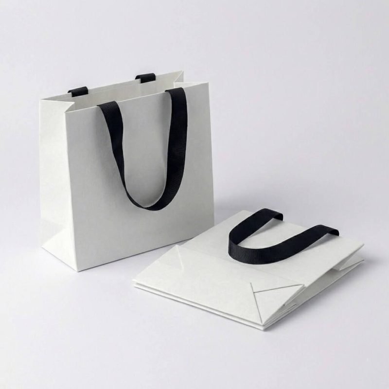 A black luxury tote paperboard gift bag with a gold hot-stamped logo and white grosgrain ribbon handles.