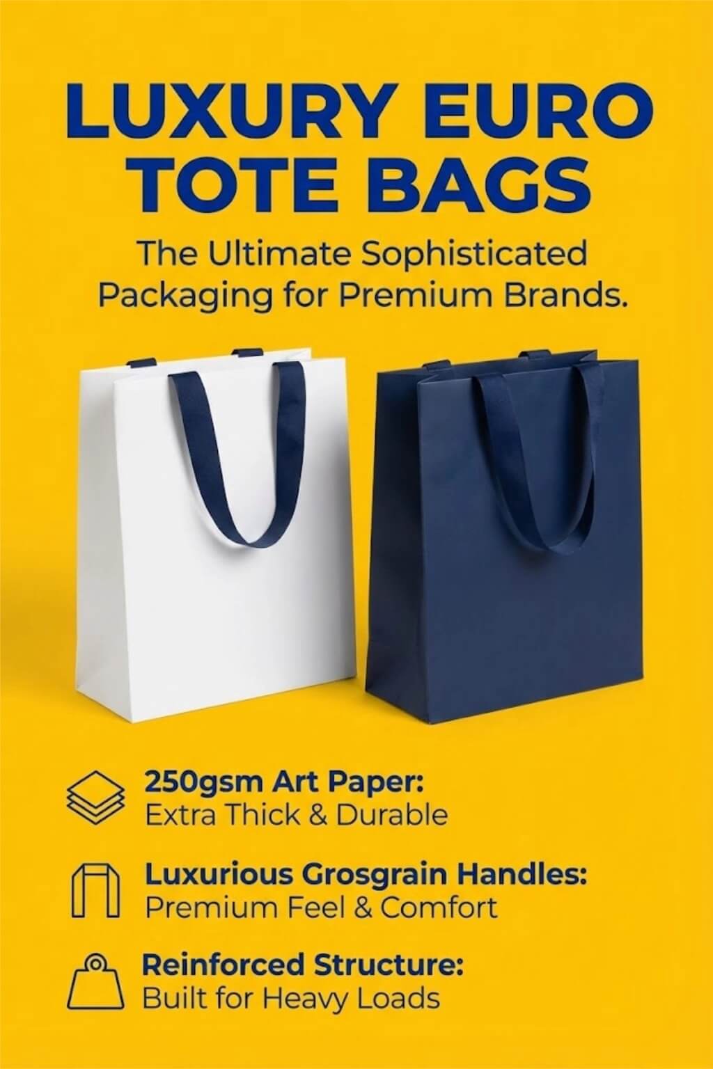 A black luxury tote paperboard gift bag with a gold hot-stamped logo and white grosgrain ribbon handles.