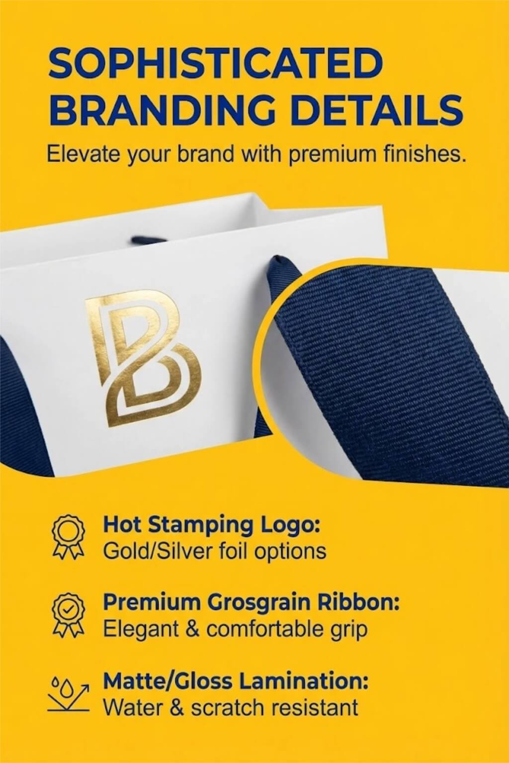 A black luxury tote paperboard gift bag with a gold hot-stamped logo and white grosgrain ribbon handles.