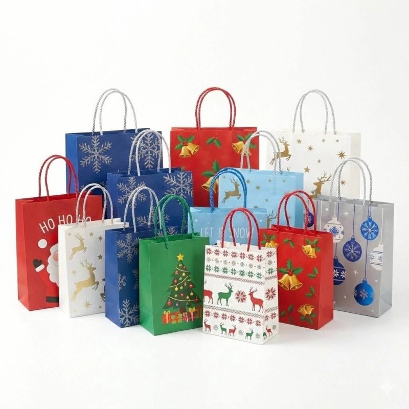 A group of Christmas paper bags in various sizes with reindeer and snowflake prints and red ribbon handles.