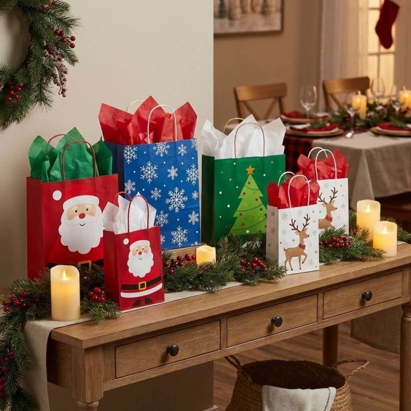 A group of Christmas paper bags in various sizes with reindeer and snowflake prints and red ribbon handles.