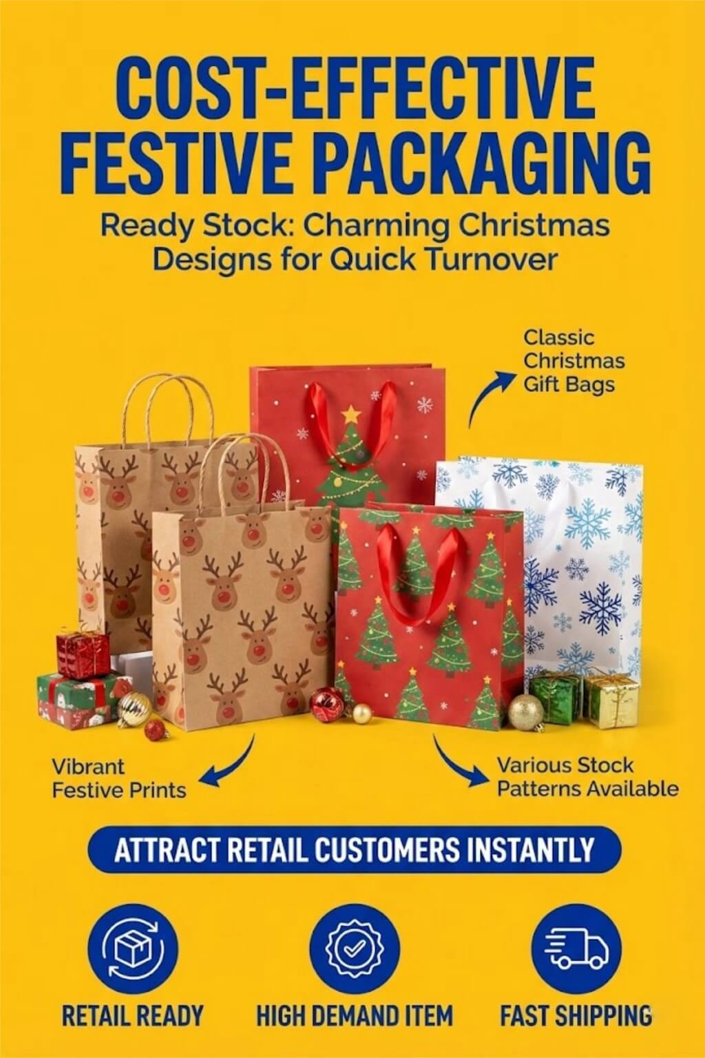 A group of Christmas paper bags in various sizes with reindeer and snowflake prints and red ribbon handles.