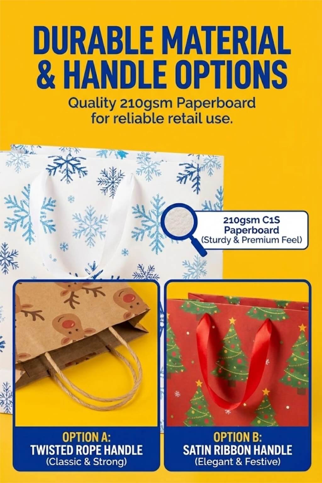 A group of Christmas paper bags in various sizes with reindeer and snowflake prints and red ribbon handles.