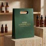 A group of small die cut paper bags with a matte black finish and a white custom jewelry logo.