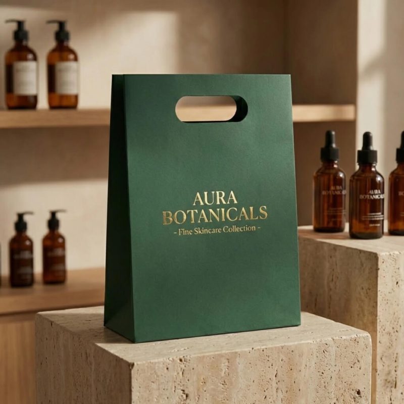 A group of small die cut paper bags with a matte black finish and a white custom jewelry logo.