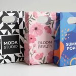 A group of small die cut paper bags with a matte black finish and a white custom jewelry logo.