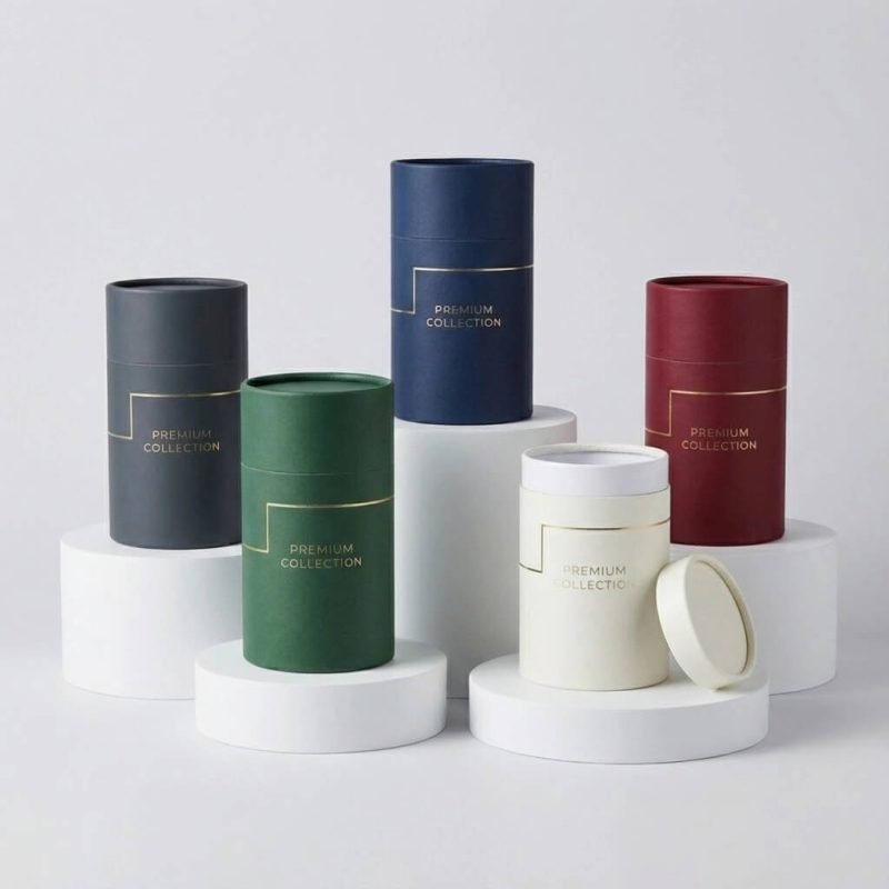 A collection of round luxury paper tube boxes with gold foil logos for candle and tea packaging.