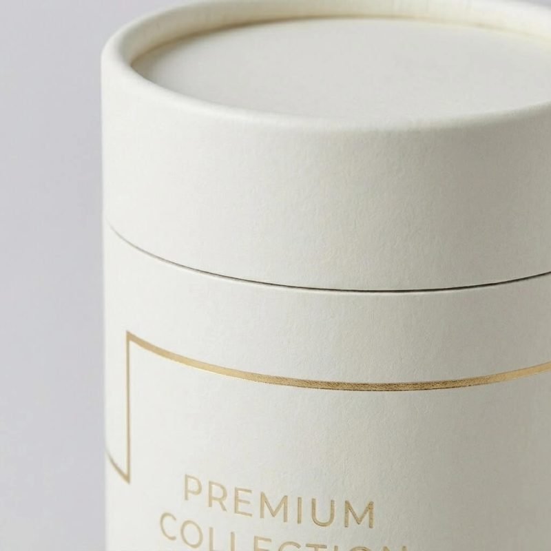 A collection of round luxury paper tube boxes with gold foil logos for candle and tea packaging.
