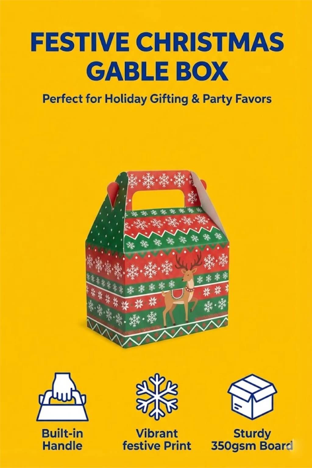 A group of festive Christmas gable boxes with handles, featuring Santa Claus and reindeer prints, filled with cookies.