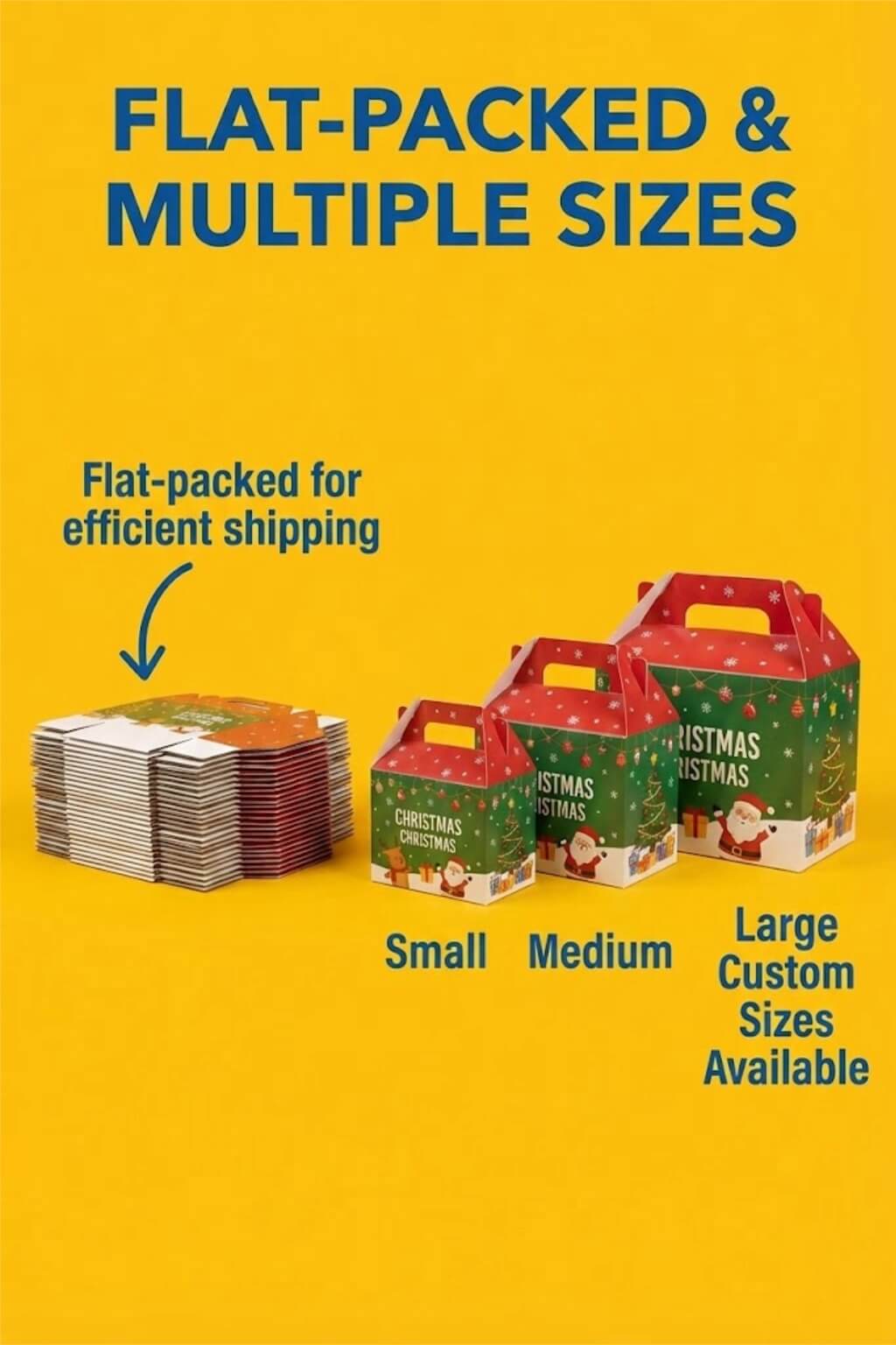 A group of festive Christmas gable boxes with handles, featuring Santa Claus and reindeer prints, filled with cookies.