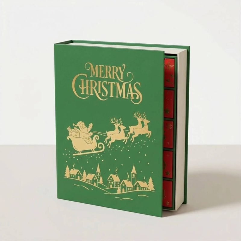 A large book-shaped advent calendar box in festive red and gold with 24 small drawers pulled open to reveal beauty gifts.