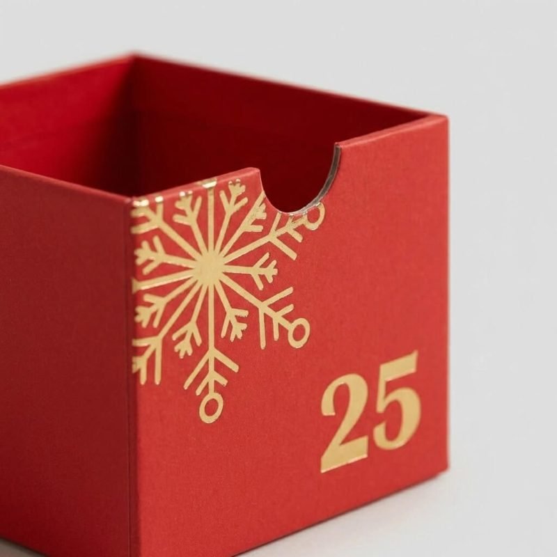 A large book-shaped advent calendar box in festive red and gold with 24 small drawers pulled open to reveal beauty gifts.