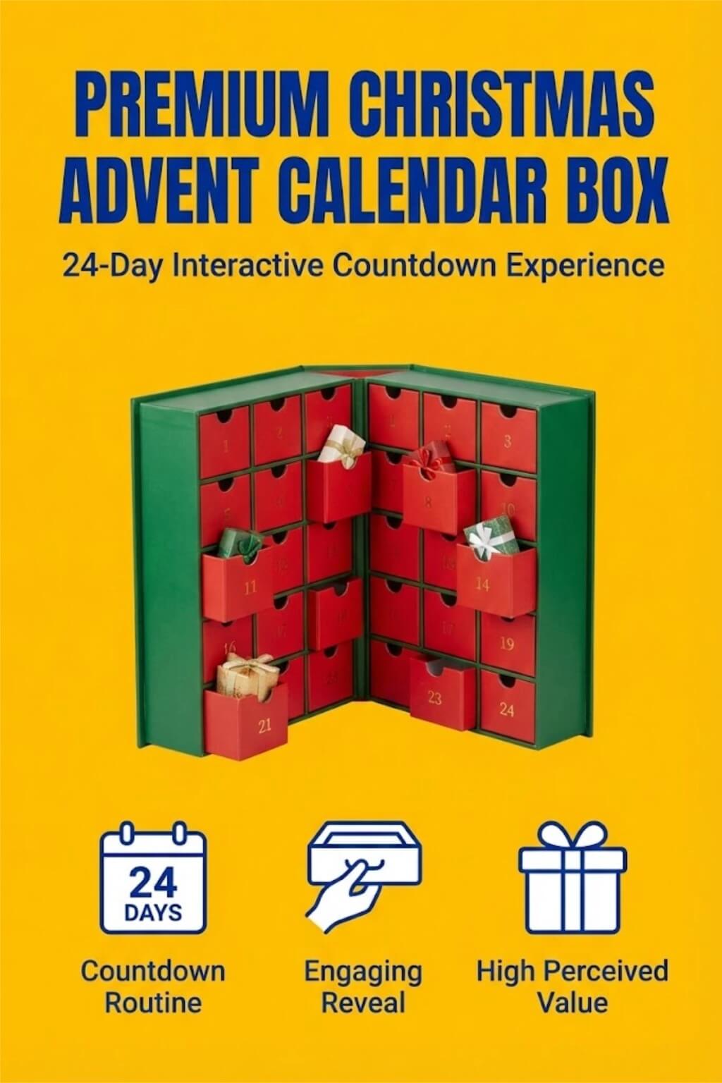 A large book-shaped advent calendar box in festive red and gold with 24 small drawers pulled open to reveal beauty gifts.